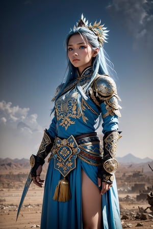 A beautiful Indonesian female warrior, with piercing blue eyes and long flowing blue hair, wearing intricately crafted armor adorned with traditional motifs, standing defiantly amidst the chaos of a war zone scene set in a desolate landscape with smoke-filled skies, rubble-strewn ground, and the distant sound of battle, high resolution, cinematic quality