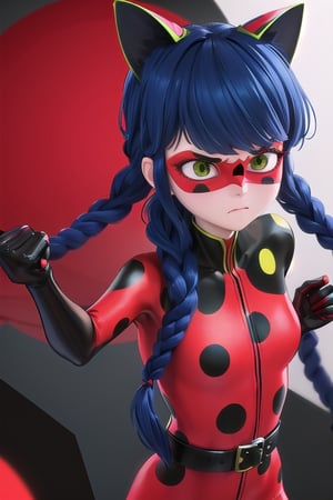 1 girl, alone, long hair, angry, fighting stance, blue hair, braid, cat ears, twin braids, mask, gloves, green eyes, swept bangs, looking at viewer, red domino mask with black polka dots, tube, black tube, polka dots , black jumpsuit with green polka dots, red jumpsuit with black polka dots, superhero, best quality, expressive eyes, perfect face, highlighted body curves, red suit with black polka dots, red mask with black polka dots, black yoyo, Closed mouth, black belt, yoyo on the waist 