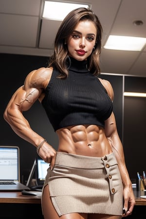 (a young 19yo English socialite female CEO with perfect shredded musculature, her hands are on her hips:1.6), 6ft height, (slender arms:1.5), big ass,  thick striated muscular legs, (ripped abs and obliques, navel:1.4), (muscle definition:1.3), ripped, muscular, (office attire, cropped sleeveless turtleneck sweater:1.4) (underboob:1.6), (bare midriff, low skintight miniskirt:1.4), (expressive eyes, perfect cute face, brunette hair, pouty lips, dimples, soft smile:1.3), photo studio, (in a CEOs office:1.2), (full body:1.5), (from below:1.2)