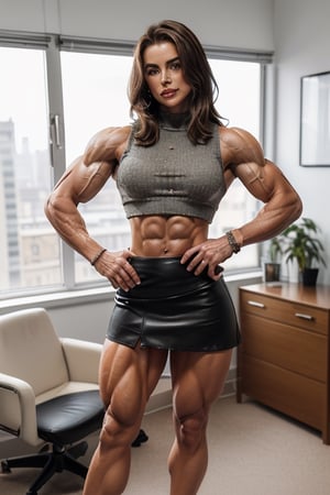 (a young 19yo English socialite female CEO with perfect shredded musculature, her hands are on her hips:1.6), 5ft 8in height, (skinny muscular arms:1.3), thick thighs and thick muscular legs, (ripped abs and obliques, navel:1.3), (muscle definition:1.5), ripped, muscular, (cropped sleeveless tank top:1.4) (underboob:1.6), (bare midriff, low skintight miniskirt:1.4), (expressive eyes, perfect cute face, brunette hair, pouty lips, dimples, soft smile:1.3), photo studio, (in a CEOs office:1.2), (full body:1.6)