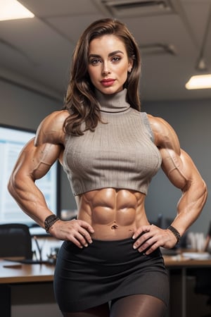 (a young English socialite female CEO with perfect shredded musculature, her hands are on her hips:1.6), 5ft height, 53kg weight, (strong muscular arms with 18 inch biceps, thick thighs and thick muscular legs, ripped abs and obliques, navel, muscle definition:1.5), ripped, muscular, mesomorph, (office attire, cropped sleeveless turtleneck sweater with underboob, bare midriff, low pencil skirt over tights:1.4), (expressive eyes, perfect cute face, brunette hair, pouty lips, dimples, soft smile:1.3), photo studio, (in a CEOs office:1.2),