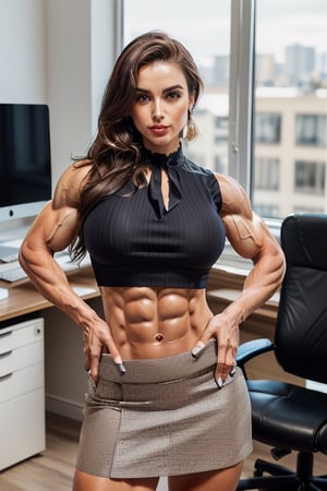 photorealistic, masterpiece, clear sharp focus, (a young 19yo English socialite female CEO with perfect shredded musculature, her hands are on her hips:1.6), 6ft height, (slender arms:1.5), big ass,  thick striated muscular legs, high heels, (eight pack abs, obliques, navel:1.4), (muscle definition:1.3), ripped, muscular, (office attire, sleeveless blouse:1.4) (underboob:1.6), (bare midriff, low skintight miniskirt:1.4), (expressive eyes, perfect cute face, brunette hair, pouty lips, dimples, soft smile:1.3), photo studio, (in a CEOs office:1.2), (full body:1.6)