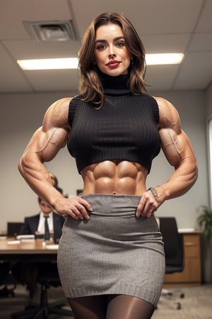 (a young English socialite female CEO with perfect shredded musculature, her hands are on her hips:1.6), 5ft 8in height, 58kg weight, (strong muscular arms with 13 inch biceps, thick thighs and thick muscular legs, ripped abs and obliques, navel, muscle definition:1.5), ripped, muscular, (office attire, cropped sleeveless turtleneck sweater with underboob, bare midriff, low pencil skirt over tights:1.4), (expressive eyes, perfect cute face, brunette hair, pouty lips, dimples, soft smile:1.3), photo studio, (in a CEOs office:1.2)