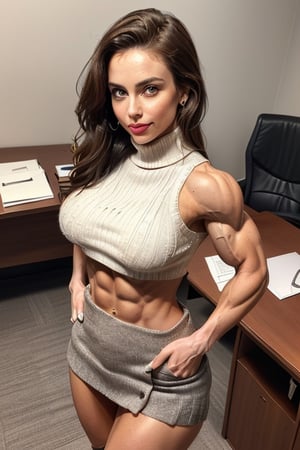 (a young 19yo English socialite female CEO with perfect shredded musculature, her hands are on her hips:1.6), 5ft 8in height, (skinny arms:1.6), thick muscular legs, wide hips, (ripped abs and obliques, navel:1.3), (muscle definition:1.5), ripped, (office attire, cropped sleeveless turtleneck sweater:1.4) (underboob:1.7), (bare midriff, low skintight miniskirt:1.4), (expressive eyes, perfect cute face, brunette hair, pouty lips, dimples, soft smile:1.3), photo studio, (in a CEOs office:1.2), upper body view, (from above:1.3)