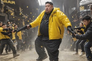 create a hyper-realistic image of a very very fat and old chinese gangster fighting in the bar, stylish suit,strong and fierce looking, having a lot of tattoos, 8k, high detailed, sharp focus.,more detail XL,Movie Still, (side body view:1.9), black boots, (dirty face), (shooting machine gun:1.9), (wear a yellow insulated down jacket:1.9), (fat:1.9), (full body shot:1.9)