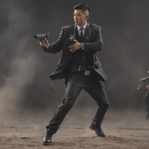 create a hyper-realistic image of a chinese gangster fighting in the bar, stylish suit,strong and fierce looking, having a lot of tattoos, 8k, high detailed, sharp focus.,more detail XL,Movie Still, (side body view:1.9), black boots,  (shooting machine gun:1.9)