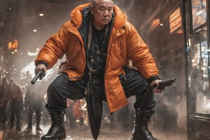 create a hyper-realistic image of a very fat and old chinese gangster fighting in the bar,strong and fierce looking, having a lot of tattoos, 8k, high detailed, sharp focus.,more detail XL,Movie Still, (side body view:1.9), (black boots:1.9), (dirty face), (shooting machine gun:1.9), (wear a orange insulated down jacket:1.9),   (casting a spell:1.9), (whole image within frame), (look sideway:1.4),(full body shot:1.9)