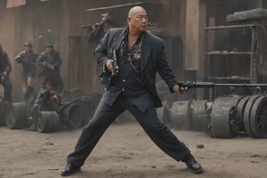 create a hyper-realistic image of a very fat and old chinese gangster fighting in the bar, stylish suit,strong and fierce looking, having a lot of tattoos, 8k, high detailed, sharp focus.,more detail XL,Movie Still, (side body view:1.9), black boots, (dirty face), (shooting machine gun:1.9)