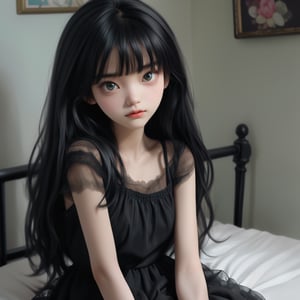 Generate a ((full-body image)) of a teenage girl with a slender figure, delicate features, and a pretty face exuding a cute vibe. She is depicted lying on a bed with a scowl on her face. The girl wears a black organza fabric, complemented by A-line bangs and dark lace fabric accentuating her long legs. She is barefoot with long black hair cascading down, framing her beautiful and delicate eyes. The scene is set in a bedroom indoors, bathed in bright light,