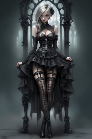 A beautiful Nordic Girl, ((full body)), clad in a gothic punk-inspired latex military outfit, The outfit incorporate intricate (bundle elements), cleavage cutout, blending seamlessly into the design, accentuating the overall edgy and alluring aesthetic. ((intricately designed lace stockings reaching their thighs)), The setting should exude a dark and mysterious ambiance, pay attention to details like clothing texture, lighting nuances, and the surrounding atmosphere to create a captivating visual narrative, slender legs, sitting, cross legs, (Disgusted Scowl), cleavage cutout.