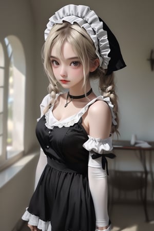 ((best quality)), ((highly detailed)), masterpiece, 1girl, female maid, beautiful face, cute, seductive, ((Standing pose)), ((Sultry Posture)), cleavage cutout, Exquisite necklace, ((black maid outfit)), (slender figure), Open-shoulder, maid headdress, white apron, separated sleeves, black lace skirt, light pantyhose, long legs, high heels, long blond hair, Ribbon Pigtails, beautiful and delicate eyes, looking at viewer, outdoors, the brightly light environment