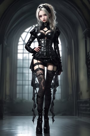 A beautiful Nordic Girl, ((full body)), clad in a gothic punk-inspired latex military outfit, The outfit incorporate intricate (bundle elements), cleavage cutout, blending seamlessly into the design, accentuating the overall edgy and alluring aesthetic. ((intricately designed lace stockings reaching their thighs)), The setting should exude a dark and mysterious ambiance, pay attention to details like clothing texture, lighting nuances, and the surrounding atmosphere to create a captivating visual narrative, slender legs
