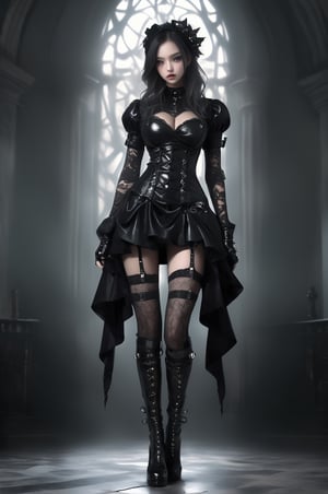 A beautiful Nordic Girl, ((full body)), clad in a gothic punk-inspired latex military outfit, The outfit incorporate intricate (bundle elements), cleavage cutout, blending seamlessly into the design, accentuating the overall edgy and alluring aesthetic. ((intricately designed lace stockings reaching their thighs)), The setting should exude a dark and mysterious ambiance, pay attention to details like clothing texture, lighting nuances, and the surrounding atmosphere to create a captivating visual narrative, slender legs