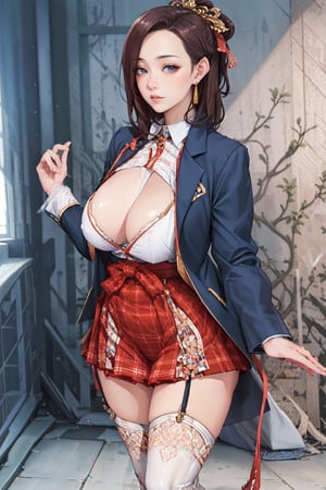 (full body), {masterpiece}, {big breasts}, 1 girl, young woman, beautiful Girl ,{extremely detailed and delicate anime face and eyes}, {whole body}, {natural light, HDR, extremely details CG}, {dynamic posture}, {correct body anatomy}, {wide hips}, {perfect hands}, single focus, toned body, wide hips, Beautiful Lips, thick lips, {surreal}, {correct posture}, {minutes details}, {detailed body}, {detailed clothing}, {Bright Eyes}, {cleavage}, {accessories}, {sexy}, {solo}, Korean school uniform, open short coat, Plaid short coat, (High waist pleated skirt), (Plaid skirt), high waist skirt, Strap pleated skirt, white shirt, drawstring shirts, pearl bow tie, Hakama bow, bodystocking, black loafers, jewelry, earrings, (dark brown hair), (low tied long hair), (straight hair), nape hair, turquoise eyes, (School),CharmaineR01