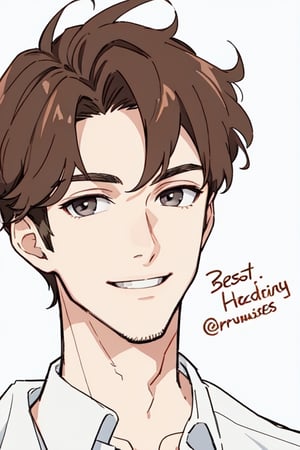 best quality, solo_male, brown hair, gray eyes, smiling, handsome