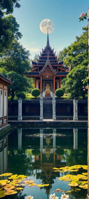 a 40k highly clearly HD 3D of an a beautiful body human woman with Thai apsara peaceful spring Thai royal garden fine art style landscape,reflective lake surrounded by trees bloom,sky,moon,romantic essence,fine details in the style of the Thai,rock,totus,bridge,swan,tree bonsai mis colorful shiny,an a highly haven gaint Garuda Thai house fine art in the style of Carpenter Gothic powerful aura goddess great grand epic human with Thai fine art dress meditation,real