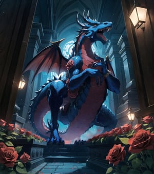 A masterpiece in maximum 4K resolution, immersing you in a dark and mystical universe. A majestic dragon, whose skin is covered in vibrant red roses, stands imposingly on a tomb surrounded by a profusion of blue roses. The scene takes place at night, shrouded in a mysterious and ethereal atmosphere. Its scales reflect the soft moonlight, creating an iridescent effect that enhances the sombre beauty of the setting. The creature's anatomically correct details reveal a unique fusion between the legendary beast and the delicacy of the petals. The three-dimensional composition highlights the imposing dragon at the center of the tomb, with the blue roses forming a floral tapestry around it. The angle of view captures the grandeur of the winged creature, revealing its wingspan and majestic posture. The camera, positioned in such a way as to highlight every detail of the blue and red roses, contributes to the intensity of the theme. Effects such as chiaroscuro emphasize the shadows in the nocturnal landscape, while cinematographic lighting highlights the brilliance of the scales and the ethereal beauty of the roses. The environment is filled with a soft cinematic tone, creating an immersive and mesmerizing atmosphere. | A magnificent scene of a dragon with skin covered in red roses, rising majestically on a tomb of blue roses at night. | {The camera is positioned very close to him, revealing his entire body as he adopts a majestic_pose, interacting with and leaning on a structure in the scene in an exciting way.} | He is adopting a (((majestic_pose as interacts, boldly leaning on a structure, leaning back in an exciting way))), ((majestic_pose):1.3), (((full body image))), ((perfect_body, perfect_pose)), ((perfect_fingers, perfect_hands)), better_hands, ((More Detail)).