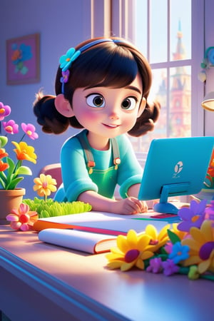 disney pixar style,cute cartoon ,3D Pixar style, a child is sitting at the desk, facing the computer, concentrating on studying. happy
Bright flowers bloom on the windowsill, 3d style