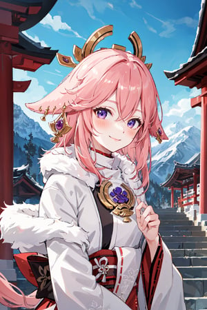 ((white and red full lenght fur coat)), yaemikodef, upper body, smile, blush, outdoors, day, simple background, blue sky, short hair, sky, temple, looking at viewer, stairs, mountain, moody lighting, facing viewer