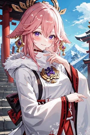 ((white and red full lenght fur coat, fur trim)), yaemikodef, upper body, smile, blush, outdoors, day, simple background, blue sky, short hair, sky, temple, looking at viewer, stairs, mountain, moody lighting, facing viewer