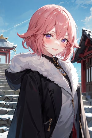 , upper body, smile, blush, outdoors, day, simple background, blue sky, short hair, sky, temple, looking at viewer, stairs, mountain, moody lighting, facing viewer,fur coat 