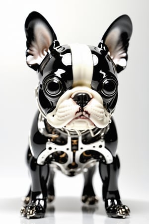 realistic 3D object, highly details, full body shot, sophisticated, artificial mechanical Boston terrier puppy design to last for eternity. cyborg Boston terrier puppy platinum, hard plastic, bullet proof glass, black and white colors theme. white background. Photography for documentary, Editorial for magazine style 