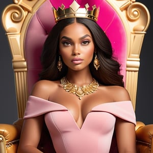 HD QUALITY, PROFESSIONAL SHOOT, PERFECTION, 3D, TOP NOTCH, HIGH DEFINITION, PRECISION, PRECISE DETAILS, 

Caramel skin color, queen, light skin goddess ! Perfect face, dreamy eyes, straight eyes, straight face, model face, closed mouth, perfect body! pink dress, boss lady, queen sitting on her throne, gold crown, no hands