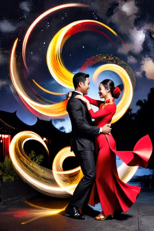 An outline of a Vietnamese couple dancing under a dark night sky, with a black background, in the style of light painting art. The woman wears a red and gold ao dai, while the man wears a black suit.