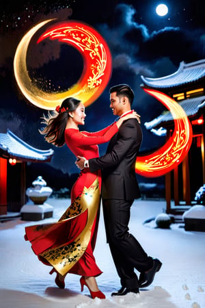 An outline of a Vietnamese couple dancing under a dark night sky in snow, with a black background, in the style of light painting art. The woman wears a red and gold ao dai, while the man wears a black suit.