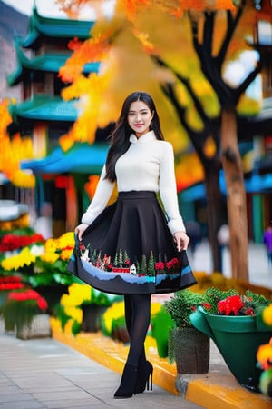 a full-length full-body image of 18-years-old beautiful Vietnamese petite cute girl, brown eyes, long straight black hair, dressed in tight skirt, tights, short black fur coat, high heels, walking on Almaty street with mountains on background