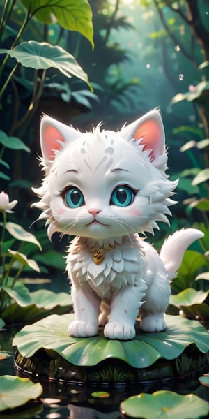 close up angle of ((cut toy),(3d white kitten )) surrounded by forest, Lotus pond, animal, detailed focus, Highlight the obesity of the kitten,deep bokeh, beautiful, , dark cosmic background. Visually delightful , 3D,more detail XL,chibi,
