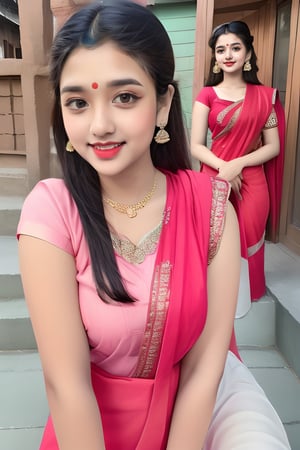 Indian beautiful and hot style bhabhi look wearing in 
Vyjayanthimala,Rekha , age 35, realistic body skin, brown eye ,white teeth, tilak on forhead ((wearing pink saree black blouse)),neckless and earring,Makeup,beautiful,detailed eyes,detailed lips,portrait,endless beauty,Milf, smile on face,((stading in front of kedarnath temple))red lipstik,pov_eye_contact,A gorgeous hindu indian girl,very fit, very toned, very athletic, naughty poses, hyperdetailed,full body, head to toe
,Anime Style, 