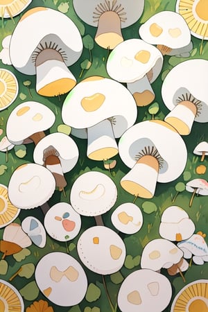 high quality, clay, claymotion,  Agaricus bisporus patterns, color, patterns, elegant, overhead shot, colorful, watercolor, overhead, doodle, anime '80s, modules, flat, summer colors, Agaricus bisporus



