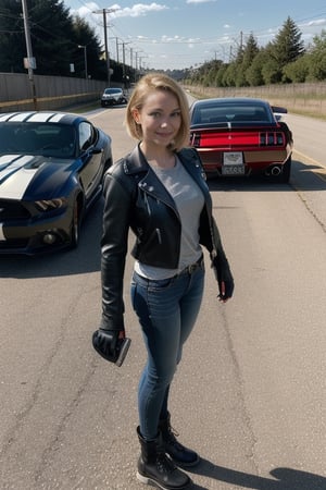 
A shot of a woman wearing a motorcycle leather jacket, standing in front Ford Mustang Fastback GT 1965