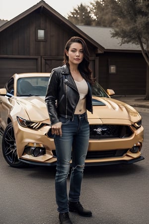 
A shot of a woman wearing a motorcycle leather jacket, standing in front Ford Mustang Fastback GT