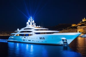masterpiece, best quality, Wide angle product ultra detailed photo of a 156 meter super yacht in monaco. The yacht is ultra realistic. the weather is overcast, perfect simetry, ultra shaper, 35mm photography, professional, 8k, highly detailed, extremely realistic., Movie still, night time, blue led yacht lights 