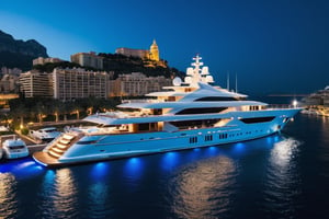  photograph of 156m mega yacht yacht in Monaco yacht marina, cool, ,full yacht in frame, highly detaited, 8k, 1000mp, ultra sharp, master peice, realistic, 4k body, 4k detailed, beautiful skyline scenery, realism, realistic yacht, styled, realistic exterior, docked up in marina, night time, yacht blue led lights, 
