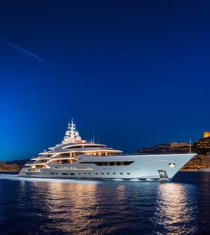masterpiece, best quality, Wide angle product ultra detailed photo of a 156 meter mega yacht in monaco. The yacht is ultra realistic. the weather is overcast, perfect simetry, ultra shaper, 35mm photography, professional, 8k, highly detailed, extremely realistic., Movie still, night time, blue led yacht lights 