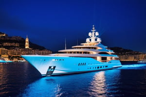 masterpiece, best quality, Wide angle product ultra detailed photo of a 156 meter super yacht in monaco. The yacht is ultra realistic. the weather is overcast, perfect simetry, ultra shaper, 35mm photography, professional, 8k, highly detailed, extremely realistic., Movie still, night time, blue led yacht lights, 3 levels only