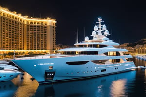  photograph of 156m mega yacht yacht in Monaco yacht marina, cool, ,full yacht in frame, highly detaited, 8k, 1000mp, ultra sharp, master peice, realistic, 4k body, 4k detailed, beautiful skyline scenery, realism, realistic yacht, styled, realistic exterior, docked up in marina, night time, yacht led lights, 