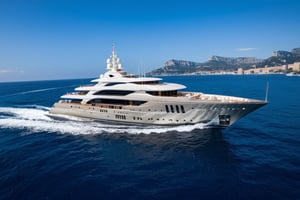 masterpiece, best quality, Wide angle product ultra detailed photo of a 156 meter super yacht in monaco. The yacht is ultra realistic. the weather is overcast, perfect simetry, ultra shaper, 35mm photography, professional, 8k, highly detailed, extremely realistic., Movie still, 3 levels only