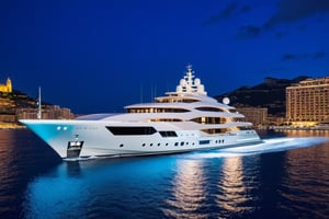 masterpiece, best quality, Wide angle product ultra detailed photo of a 156 meter super yacht in monaco. The yacht is ultra realistic. the weather is overcast, perfect simetry, ultra shaper, 35mm photography, professional, 8k, highly detailed, extremely realistic., Movie still, night time, blue led yacht lights 