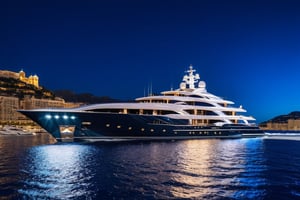 masterpiece, best quality, Wide angle product ultra detailed photo of a 156 meter super yacht in monaco. The yacht is ultra realistic. the weather is overcast, perfect simetry, ultra shaper, 35mm photography, professional, 8k, highly detailed, extremely realistic., Movie still, night time, blue led yacht lights, 3 levels only