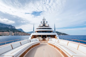 masterpiece, best quality, Wide angle product ultra detailed photo of a 156 meter super yacht in monaco. The yacht is ultra realistic. the weather is overcast, perfect simetry, ultra shaper, 35mm photography, professional, 8k, highly detailed, extremely realistic., Movie still, 3 levels only
