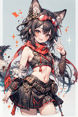 Revised prompt:
Create a high-quality portrait of a fox girl who possesses three fox tails, with the tips of her tails being white in color. She proudly wears a pair of fox ears on her head, adorned with white fur. Her attire consists of a bikini armor, complete with leg armor and arm armor. Additionally, she wears a red scarf around her neck, adding a vibrant touch to her outfit. With a relaxed and smiling expression, she radiates a sense of joy and contentment. The portrait should showcase her black hair and include protective goggles positioned on her forehead. Lastly, capture her confidently posing with a V-sign gesture.
