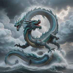 A dragon is a creature that lives in the air currents of clouds. The upper part of the display scene is thunderous and the lower part is turbulent waves, wind and rain, extremely depicting the relationship between water and dragons, the concept of Chinese dragons, a giant dragon transforms out of the clouds and rain, cold colors, 8k Image quality, extremely realistic, hyper-realistic, extremely detailed, light and shadow