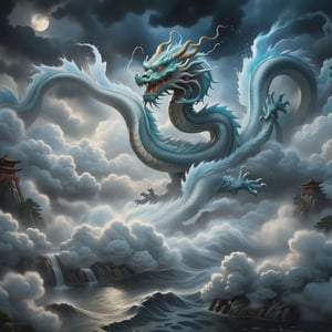 A dragon is a creature that lives in the air currents of clouds. The upper part of the display scene is clouds and the lower part is water, Chinese auspicious cloud patterns, Japanese Ukiyo-e water ripples, extremely depicting the relationship between water and dragons, the concept of Chinese dragons, a giant dragon emerges from the clouds and rain, cold colors, 8k picture quality , extremely realistic, hyper-realistic, extremely fine, light and shadow