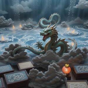 A dragon is a creature that lives in the air currents of clouds. The upper part of the display scene is clouds and the lower part is water, Chinese auspicious cloud patterns, Japanese Ukiyo-e water ripples, extremely depicting the relationship between water and dragons, the concept of Chinese dragons, a giant dragon emerges from the clouds and rain, cold colors, 8k picture quality , extremely realistic, hyper-realistic, extremely fine, light and shadow