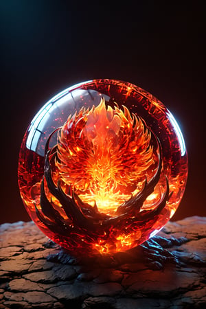 A beautiful translucent orb of fire and blood, burning crystal, time distortion, high quality.