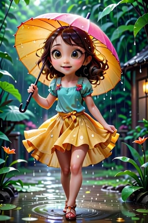 a 6 year old girl, dancing in rain with umbrella, pond on street, fairy flies, beautiful smile big eyes,3D